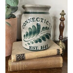Vintage Earth Tone Signed Studio Pottery Crock Jar Connecticut Green Stoneware